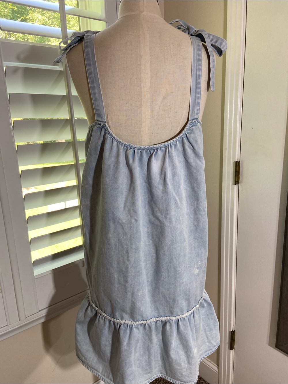 Cottagecore Light Denim Babydoll Mini Dress Size S Frayed Ruffle Hem Western - Picture 4 of 10